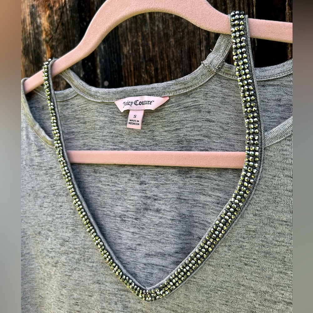Juicy Couture Metallic Rhinestone Embellished V-Neck Cold Shoulder Top size S